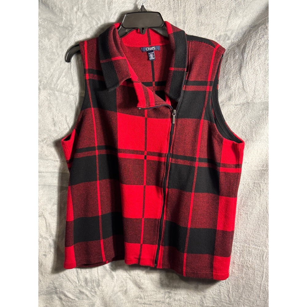 Chaps Red Black Plaid Zipper Vest Women's 2X Lightweight Collared Sweater